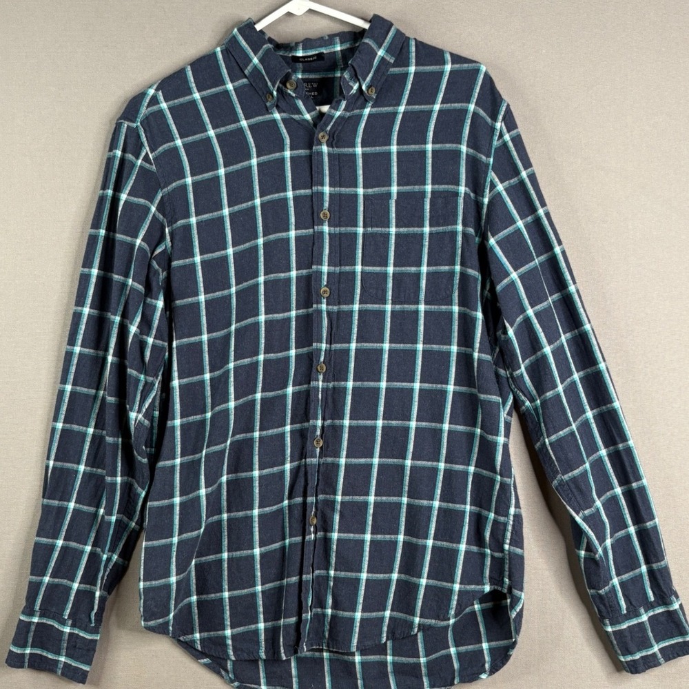 J.Crew Brushed Twill Shirt Mens M Navy Blue Teal Plaid Classic Fit Long Sleeve